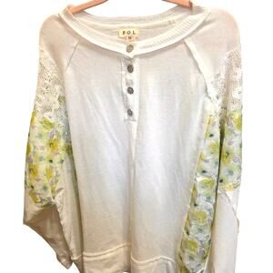 POL NWOT Size Medium White Yellow Floral Lace Long Sleeve Oversized Boho Blouse